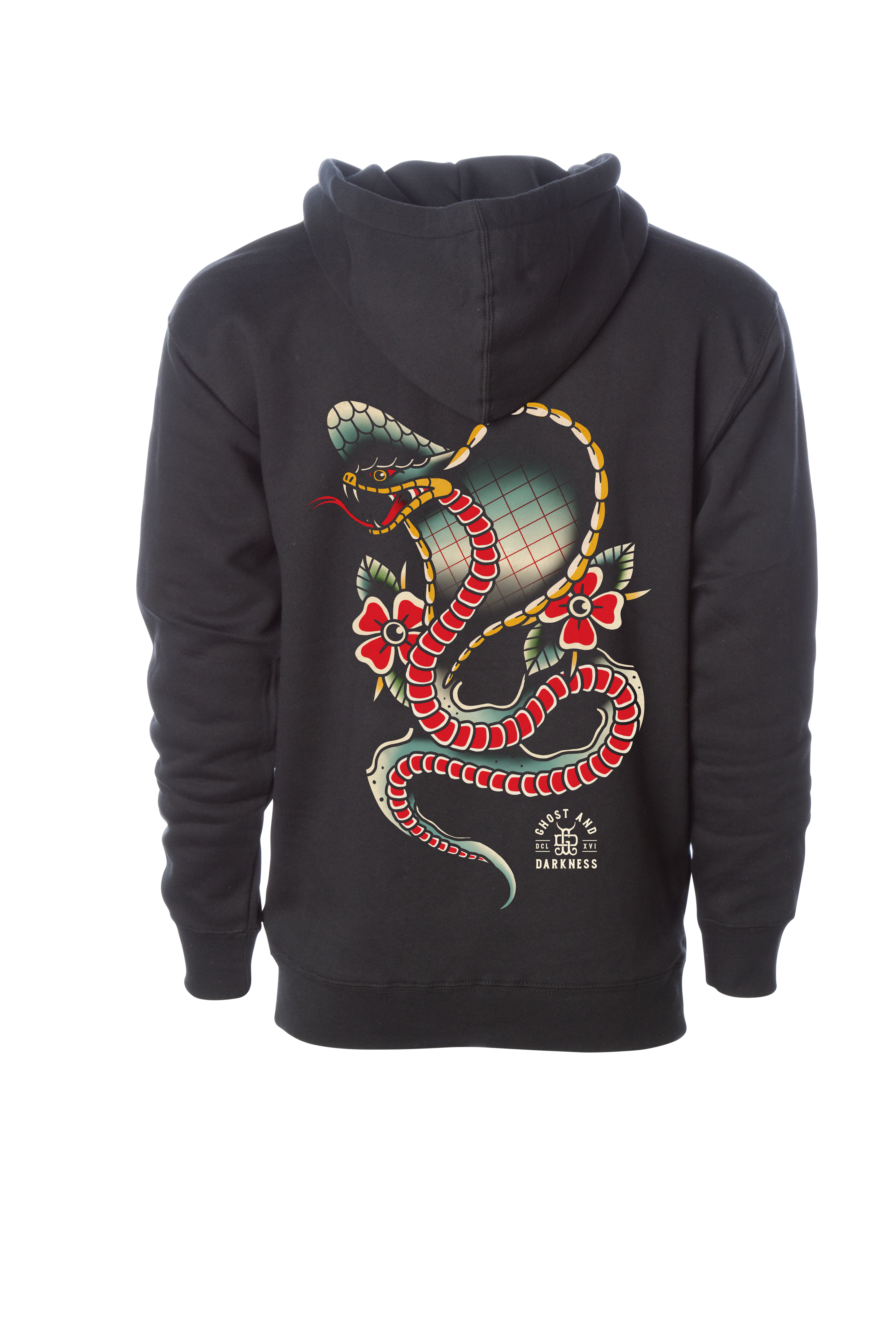 Back view of Spitting Cobra Hoodie with bold spitting cobra tattoo design on black fabric
