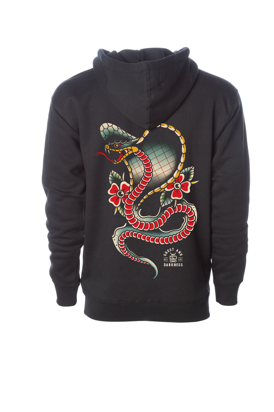 Back view of Spitting Cobra Hoodie with bold spitting cobra tattoo design on black fabric