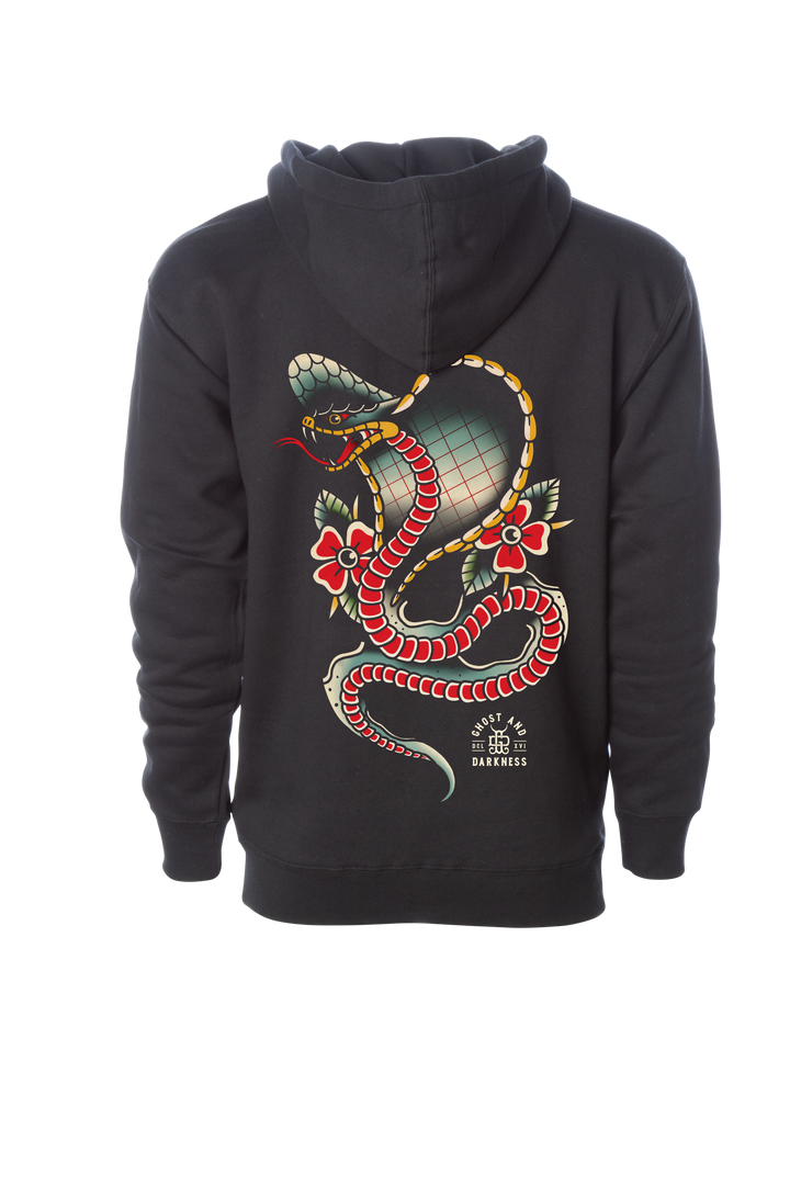 Back view of Spitting Cobra Hoodie with bold spitting cobra tattoo design on black fabric