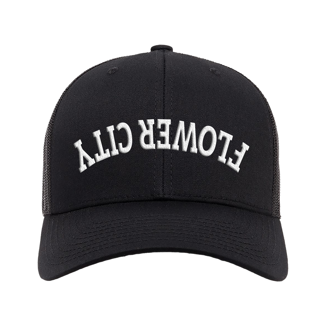 Black trucker hat with white embroidered FLOWER CITY lettering on front