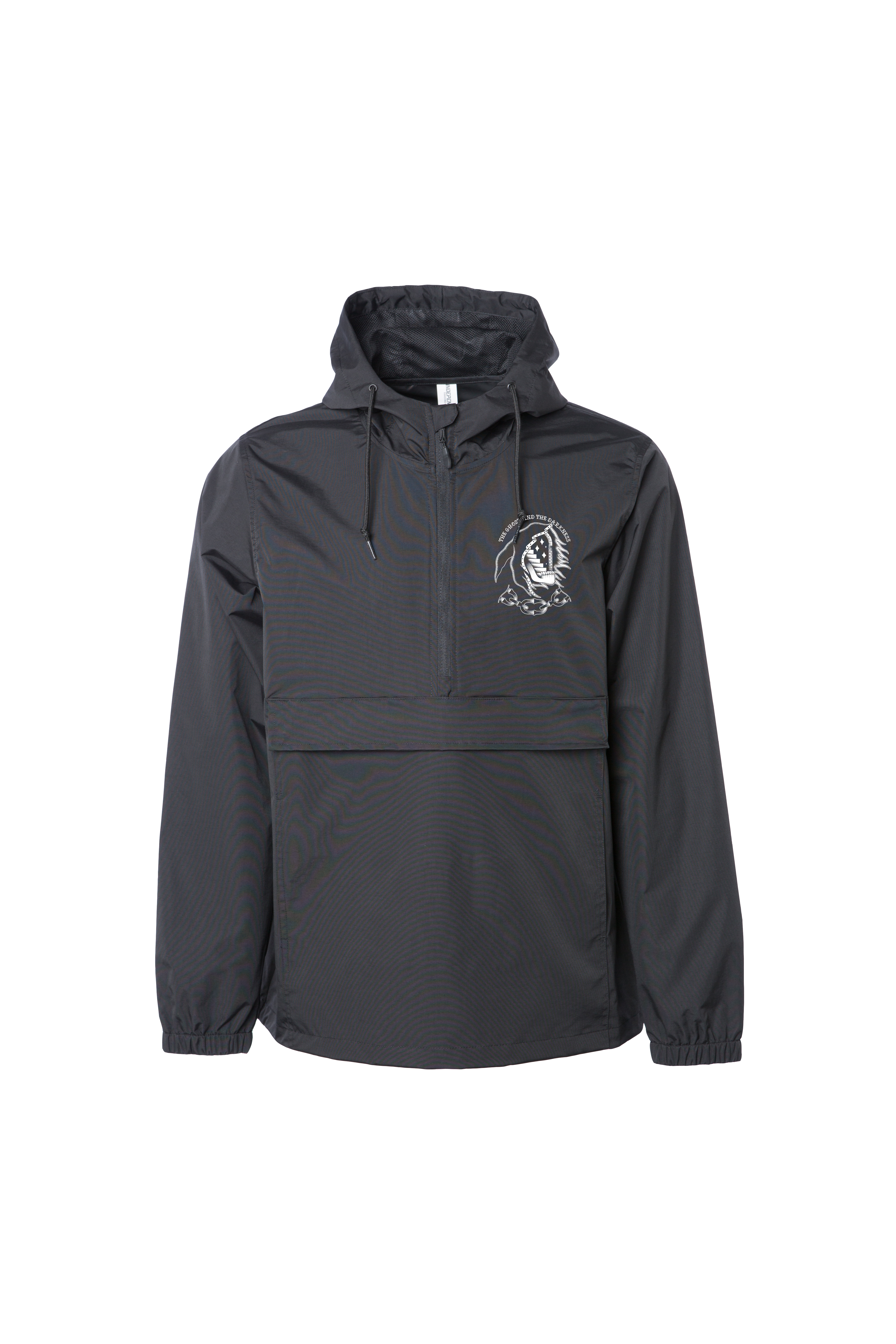 Front of black Ghost & Darkness Portal water-resistant anorak jacket with blackwork tattoo chest graphic