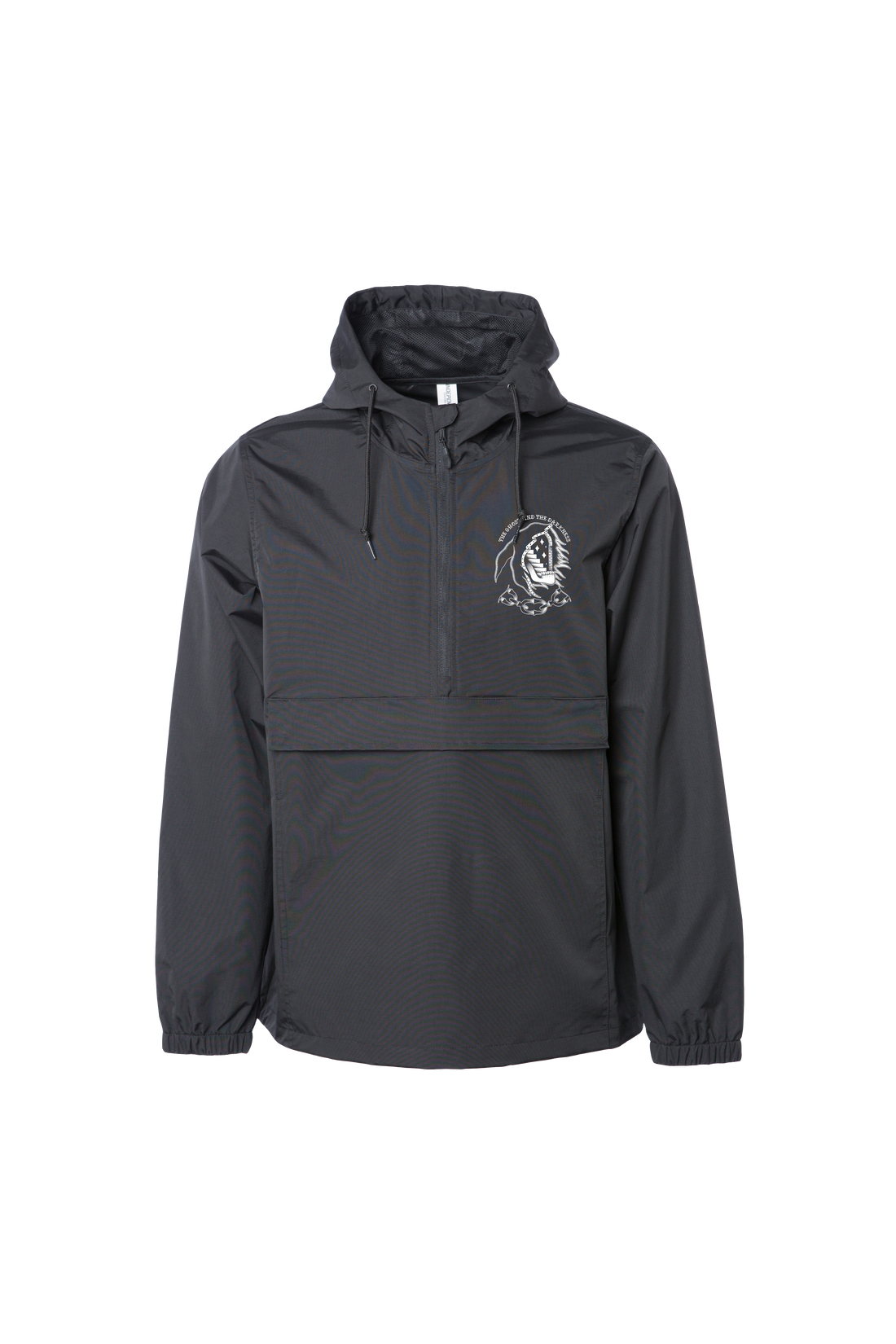 Front of black Ghost & Darkness Portal water-resistant anorak jacket with blackwork tattoo chest graphic