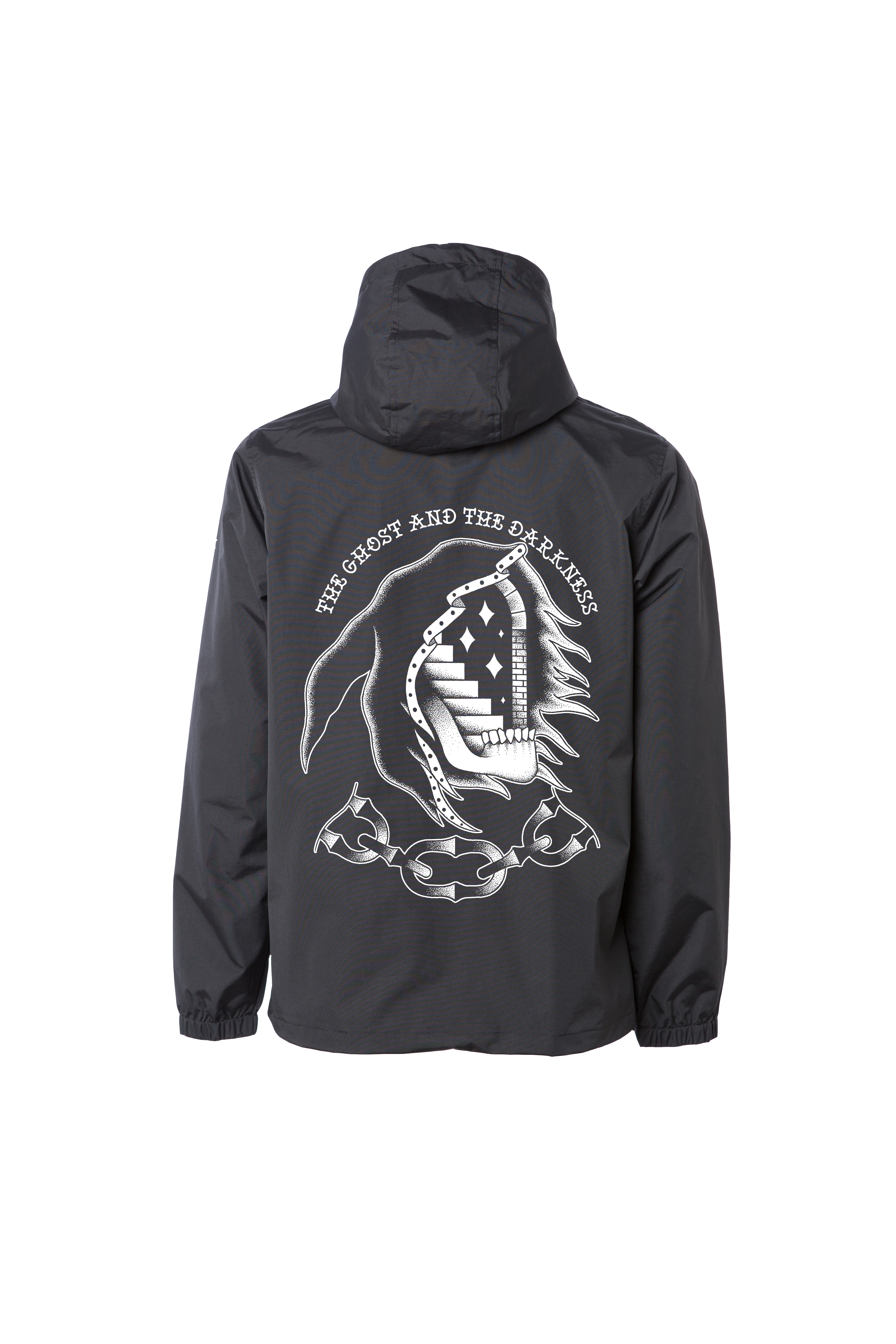 Back of black Ghost & Darkness Portal anorak jacket featuring large blackwork portal, skeletal figure and chain artwork