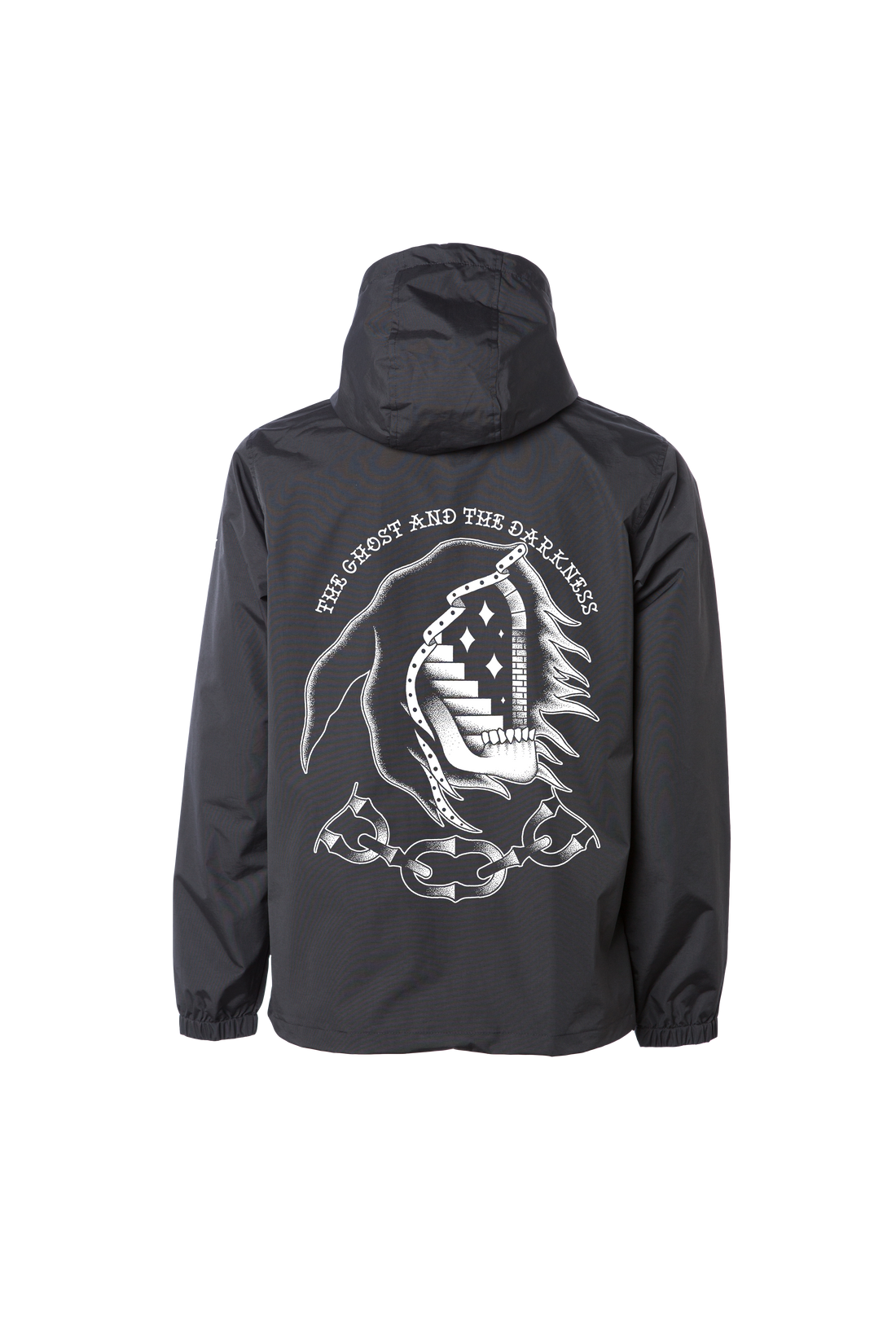 Back of black Ghost & Darkness Portal anorak jacket featuring large blackwork portal, skeletal figure and chain artwork