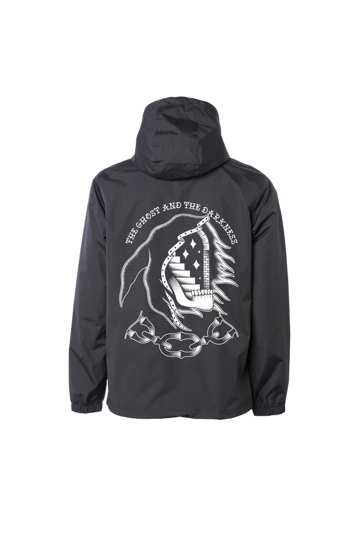 Back of black Ghost & Darkness Portal anorak jacket featuring large blackwork portal, skeletal figure and chain artwork