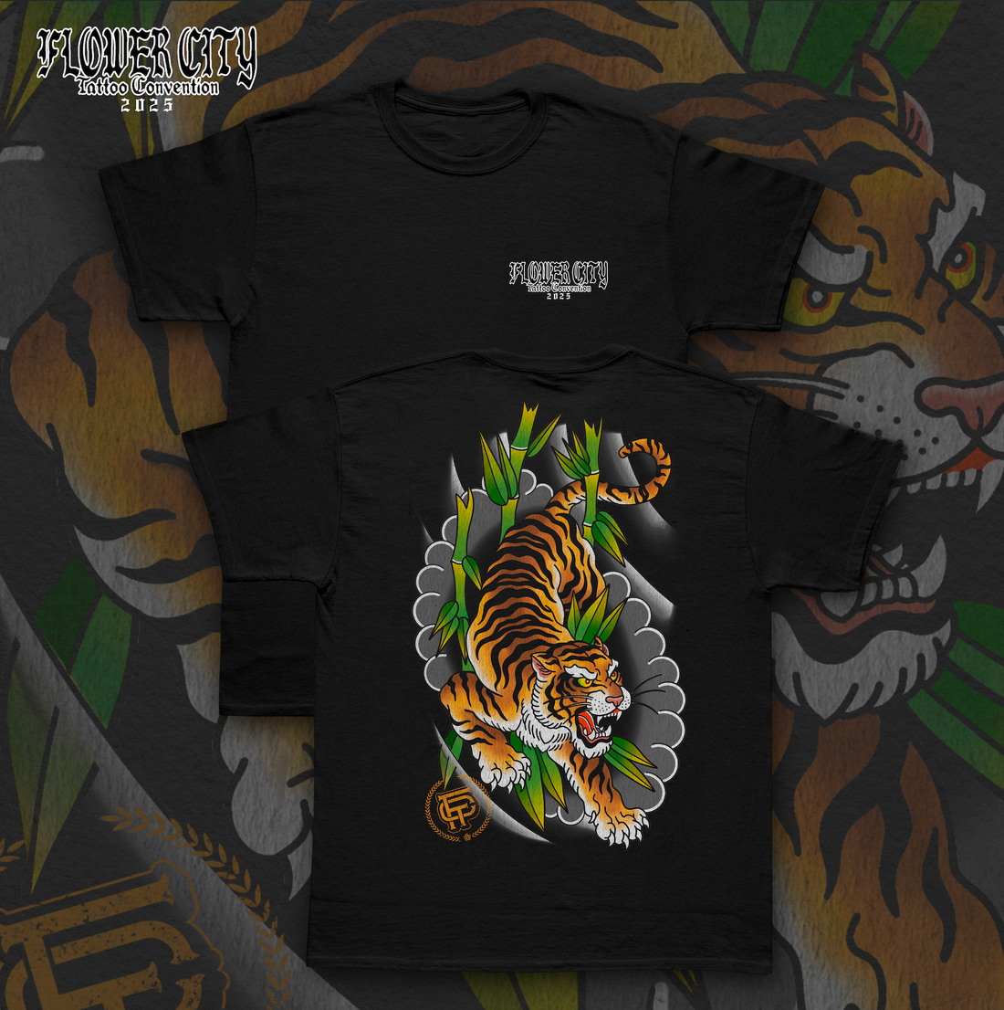 Back graphic of the 2025 Flower City Tattoo Convention T-shirt featuring a Japanese-inspired tiger with bamboo and bold traditional tattoo style — Ghost & Darkness.