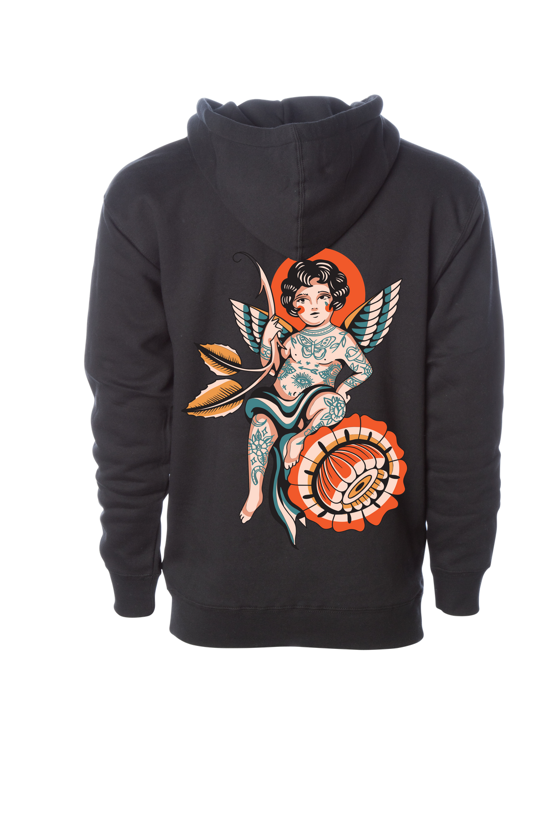 Black Ghost & Darkness Cherub Hoodie with traditional tattoo-inspired cherub, arrow and flower back graphic