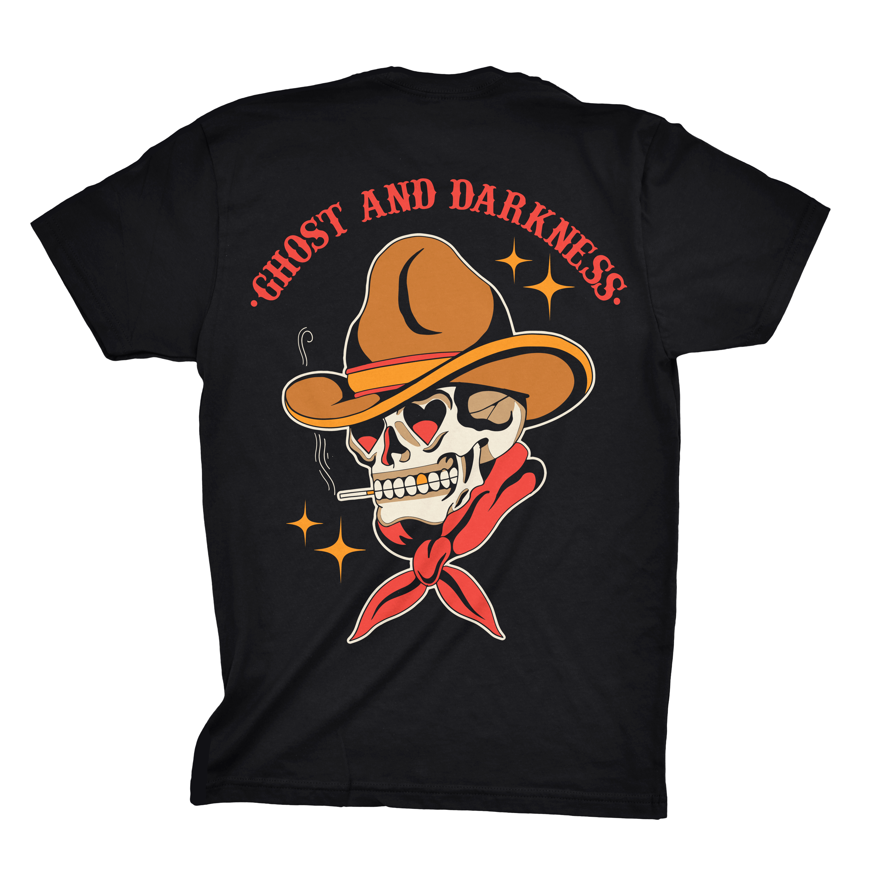 Back of Crazy Sal Tee featuring traditional cowboy skull tattoo artwork with hat, cigarette, and bandana – Ghost & Darkness