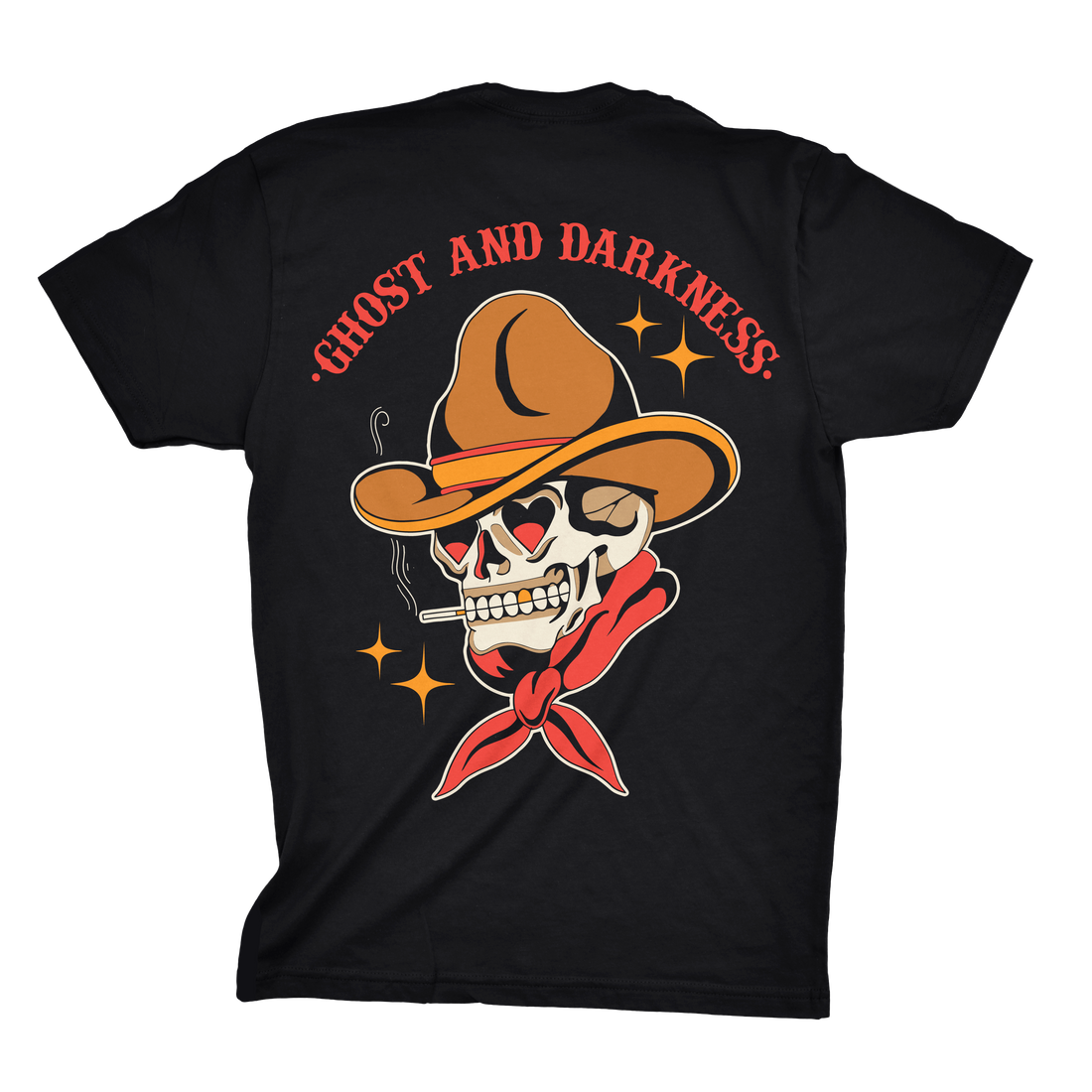 Back of Crazy Sal Tee featuring traditional cowboy skull tattoo artwork with hat, cigarette, and bandana – Ghost & Darkness