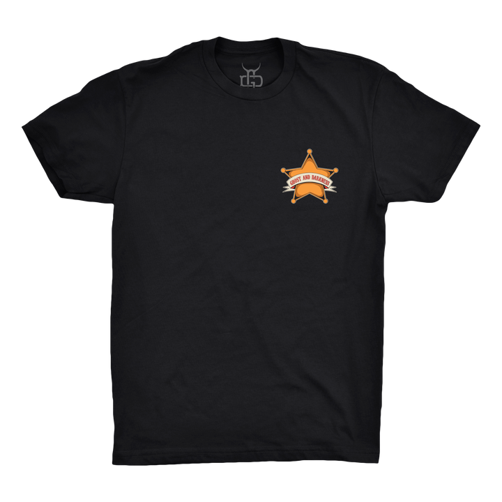 Front of Crazy Sal Tee – Ghost & Darkness logo on black shirt