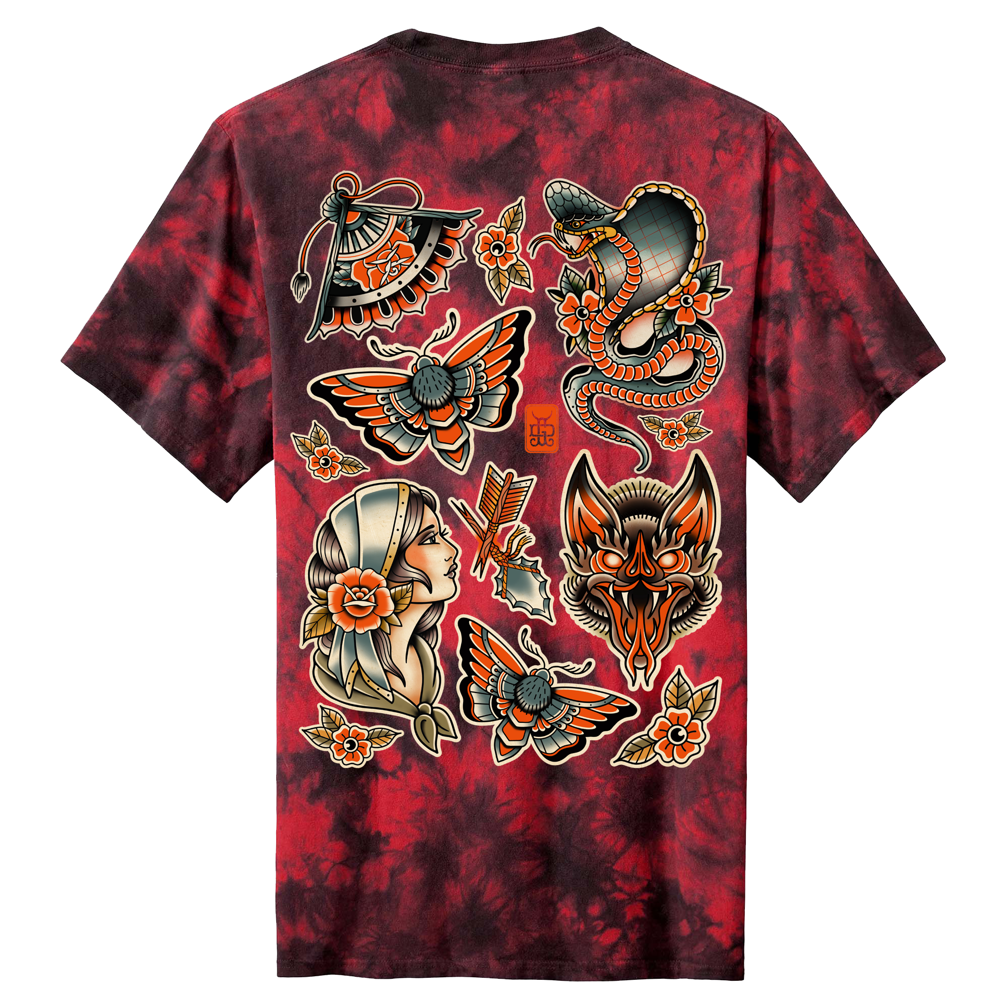 Red tie-dye t-shirt with tattoo-style designs on a white background Microgods Flash Tee - Ghost and Darkness