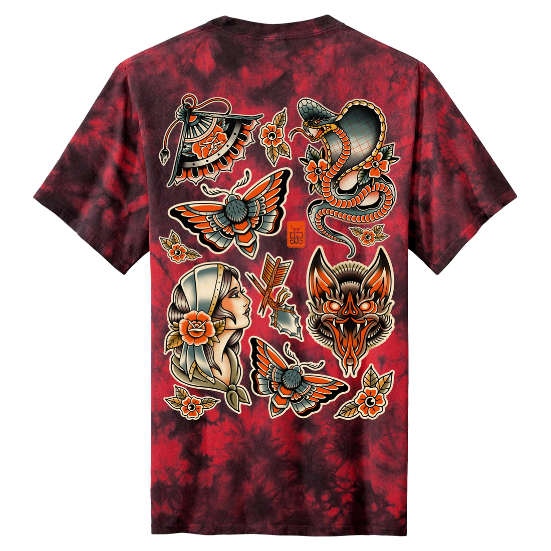 Red tie-dye t-shirt with tattoo-style designs on a white background Microgods Flash Tee - Ghost and Darkness