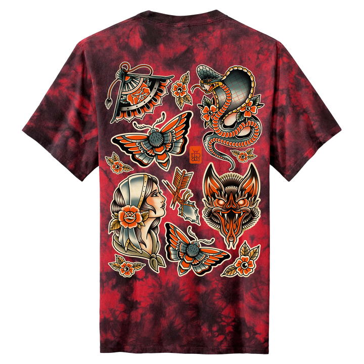 Red tie-dye t-shirt with tattoo-style designs on a white background Microgods Flash Tee - Ghost and Darkness